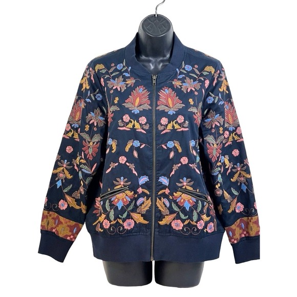 navy blue embroidered cotton full zip boho bomber jacket womens sz m - Picture 1 of 7